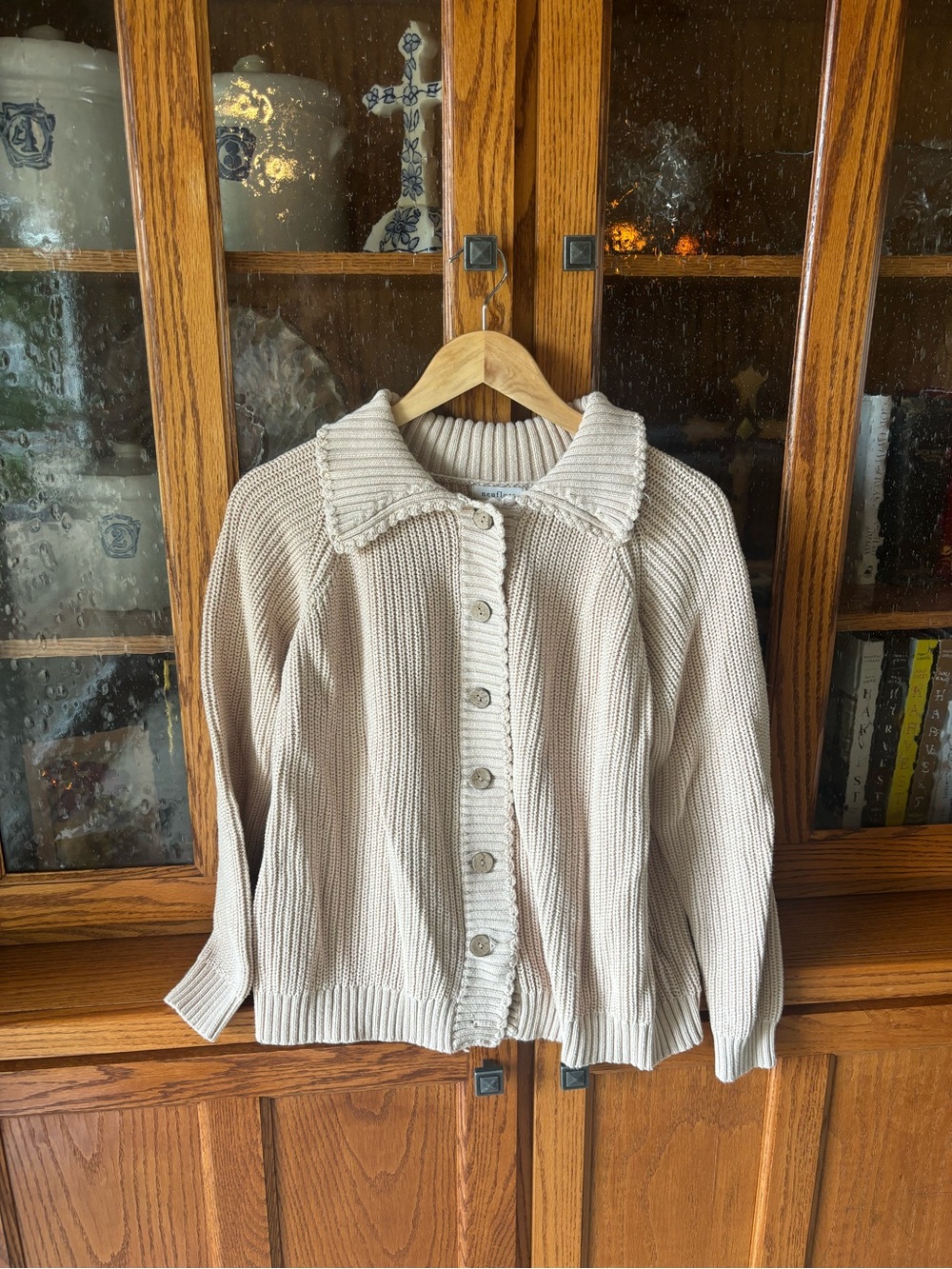 Neuflora Beige Button-Up Ribbed Knit Sweater Cardigan
